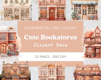 書店のクリップアート、本好きのクリップアート、水彩画の書店のクリップアート、かわいい図書館のクリップアート、デジタルダウンロード、商用利用、22 PNG 300 Dpi