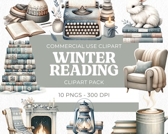 Acogedor rincón de lectura clipart, imágenes prediseñadas de lectura de invierno, ratón de biblioteca, acogedora biblioteca casera png Cottagecore, descarga digital, uso comercial, 10 png
