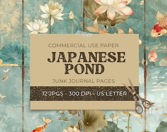 Op de afbeelding: Een digitaal papierpakket met 12 afbeeldingen van een Japanse vijverscène met lotusbloemen, vissen en een houten brug. Het papierpakket is voor commercieel gebruik en is geformatteerd voor US Letter-papier.