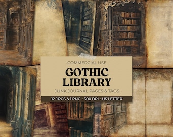 Gothic Bibliothek Junk Journal Seite, Journal Seiten + Tags, Dark Academia druckbare Ephemera, Papierkunst, Collage Sheet, digitaler Download