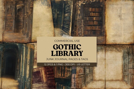 Gothic Library Junk Journal Page, Journal Pages + Tags, Dark Academia Printable Ephemera, Paper Craft, Collage Sheet, Digital Download