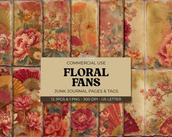 Floral Fans Junk Journal Pages, Asian Vintage Flowers, Peony & Fan Ephemera, Printable Scrapbook Paper, Commercial Use