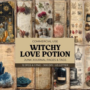 Può includere: Un collage di pagine e tag di diario in stile vintage a tema stregoneria. Le pagine presentano illustrazioni di bottiglie di pozioni, cristalli, erbe e fiori. Il testo "Witchy Love Potion" è visualizzato su uno striscione. Il set include 12 JPG e 1 PNG.