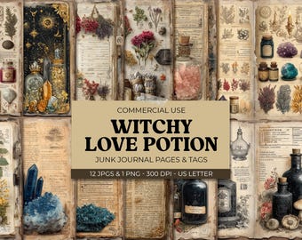 Witchy Love Potion Valentine Kit -  Magical Grimoire Printable Ephemera For Scrapbooking - Herbal Spells, Bottles & Crystals Collage Pages