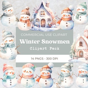Cute Winter Snowman Clipart, Winter Clipart, Watercolor Snowman Clipart, Snowman Decor, Christmas, Digital Download, Commercial Use, 14 Png