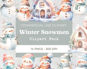 Cute Winter Snowman Clipart, Winter Clipart, Watercolor Snowman Clipart, Snowman Decor, Christmas, Digital Download, Commercial Use, 14 Png