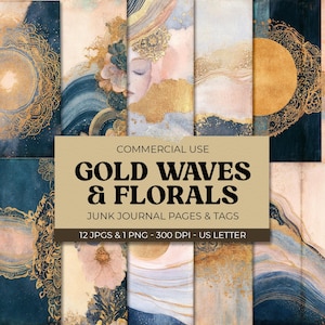 Elegant Abstract Waves & Floral Junk Journal Pages, Gold Accents Digital Paper, Vintage Ephemera, and Printable Scrapbook Art for Crafts