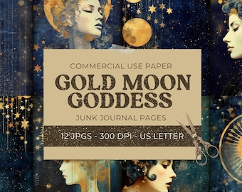 Moon Goddess Junk Journal Page, Celestial Gold Moon Double Pages, Moon Scrapbook Printables Digital Papers, Collage Sheet, Digital Download