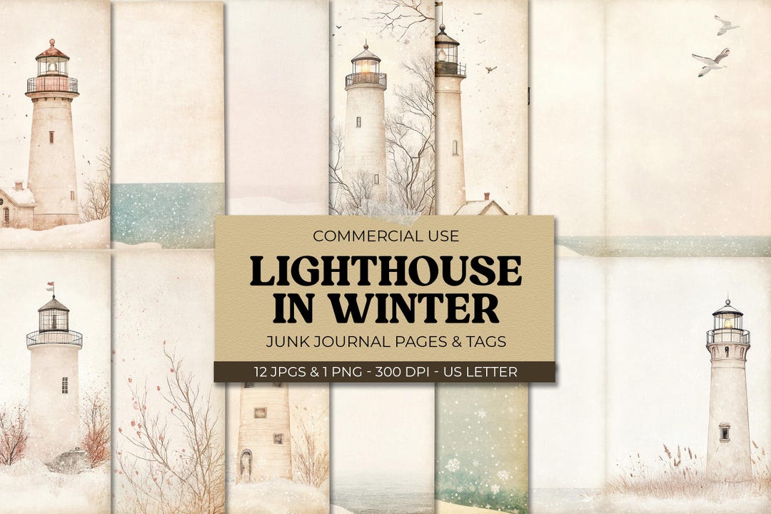 Lighthouse Junk Journal Kit, Winter Serene Coastal Scene, Snowy Seaside ...