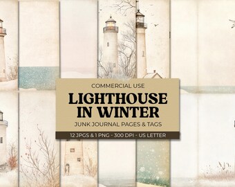 Lighthouse Junk Journal Kit, Winter Serene Coastal Scene, Snowy Seaside, Vintage Printable Ephemera for Crafts, Scrapbooking Sheet
