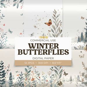 Winter Butterfly Printable, Digital Papers, Boho Floral Scenes, 8.5x11 Sheet Junk Journal Pages, Scrapbook Cards, Commercial Use, 12 JPG