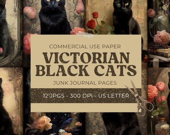 Black Cat Junk Journal Paper Printable, Victorian Witch Cat Background, Vintage Scrapbook Paper Craft, Collage Sheet, Digital Download
