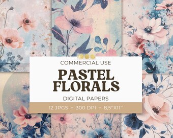 Pastel Pink and Blue Floral Printable Digital Papers, Shabby Chic Ephemera 8.5x11 Junk Journal Page, Scrapbook Cards, Commercial Use, 12 JPG