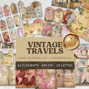 Kit di diario spazzatura di viaggio Download digitale - Documenti stampabili da viaggio vintage da 54 pezzi, etichette, Folio, Ephemera, foglio di collage artigianale con carta 11 x 8,5