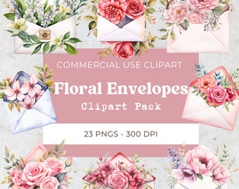 Envelopes with Flowers Clipart, Floral Clipart, Watercolor Floral Envelope, Love Letter png, Digital Download,Commercial Use, 23 Png 300 Dpi