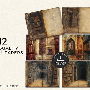 Op de afbeelding: Twaalf digitale papieren met een vintage bibliotheekthema. De papieren zijn in landschapsformaat en perfect voor scrapbooking, kaartmaken en andere papierambachten.