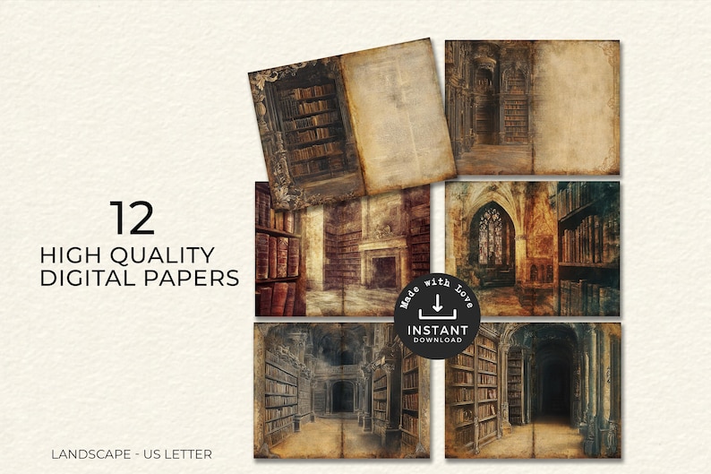 Op de afbeelding: Twaalf digitale papieren met een vintage bibliotheekthema. De papieren zijn in landschapsformaat en perfect voor scrapbooking, kaartmaken en andere papierambachten.