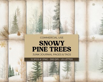 Winter Forest Junk Journal Pages - Snowy Pine Trees Scrapbook Paper, Rustic Digital Download for Scrapbooking, Crafts, and Journals