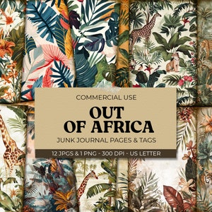 Diario di viaggio vintage africano, documenti di avventure tropicali, foglio di collage di safari e giraffe, carta stampabile per scrapbooking nella giungla