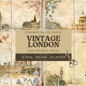 Vintage London Junk Journal, 12 pagine di diario di viaggio spazzatura + 18 tag, carta per album digitale, foglio collage stampabile Inghilterra 11 x 8,5