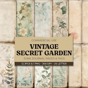 Vintage Secret Garden Junk Journal Kit, Printable Floral Ephemera, Digital Download, Botanical Craft Supplies, 12 Pages & 18 Mini Tags