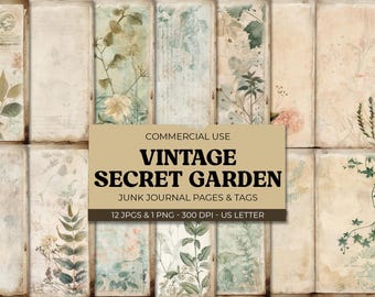 Vintage Secret Garden Junk Journal Kit, Printable Floral Ephemera, Digital Download, Botanical Craft Supplies, 12 Pages & 18 Mini Tags