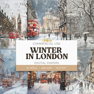 Winter in London druckbare digitale Papiere, Scrapbooking Weihnachtspapiere, Junk Journal Seite digitaler Hintergrund 8,5 x 11, kommerzielle Nutzung, 12 JPG