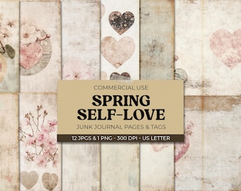 Self-Love Junk Journal Kit, Printable Self-Care Journal Pages, Digital Download, Spring Mindfulness Scrapbook Set, 11 x 8.5, Spring Blossom