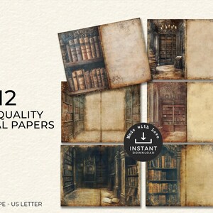 Op de afbeelding: Twaalf digitale papieren met vintage bibliotheekkasten met verweerde papiertexturen. De papieren zijn in landschapsformaat en zijn US letter formaat.