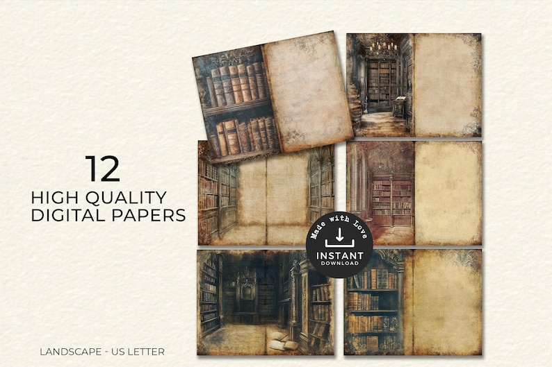 Op de afbeelding: Twaalf digitale papieren met vintage bibliotheekkasten met verweerde papiertexturen. De papieren zijn in landschapsformaat en zijn US letter formaat.
