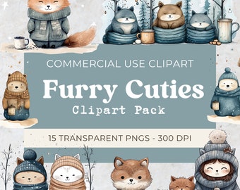 Cute Winter Animal Clipart Pack, commercial use, 300 dpi, 15 Transparent PNGs