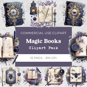 Watercolor Fantasy Book Clipart, Magic Book Clipart, Vintage Grimoire png, Fantasy Clipart, Instant Digital Download, Commercial Use, 10 Png
