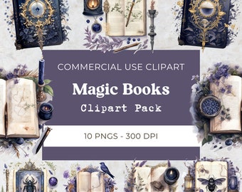 Clipart de livro de fantasia em aquarela, clipart de livro mágico, grimório vintage png, clipart de fantasia, download digital instantâneo, uso comercial, 10 png