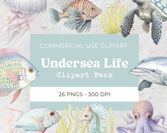 Watercolor Undersea clipart |  Cute Ocean Animals Png | Sea Animal Png |  Fish Clipart | Digital Download | Commercial Use | 26 Png 300 Dpi