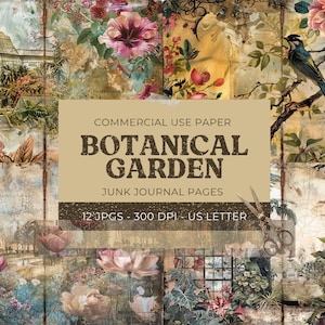Botanischer Garten Junk Journal Seiten, 12 Florale Papiere + 18 Tags, bedruckbare Ephemera, Papiermodelle, Collage Sheet 11 x 8.5