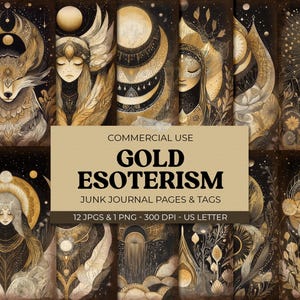 Może przedstawiać: Dwunastu cyfrowych kolaży z ilustracjami w kolorze złotym i czarnym przedstawiającymi ciała niebieskie, zwierzęta i postaci. Obrazy są przeznaczone do użytku w dziennikach śmieciowych i zawierają tekst "Gold Esoterism Junk Journal Pages & Tags".