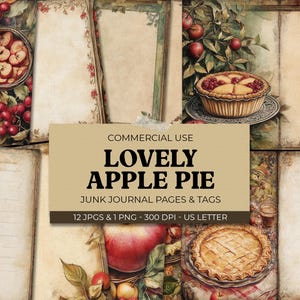 Apple Pie Junk Journal, Páginas de diário digital de outono + tags, itens de comida vintage para impressão, artesanato em papel, folha de colagem, download digital