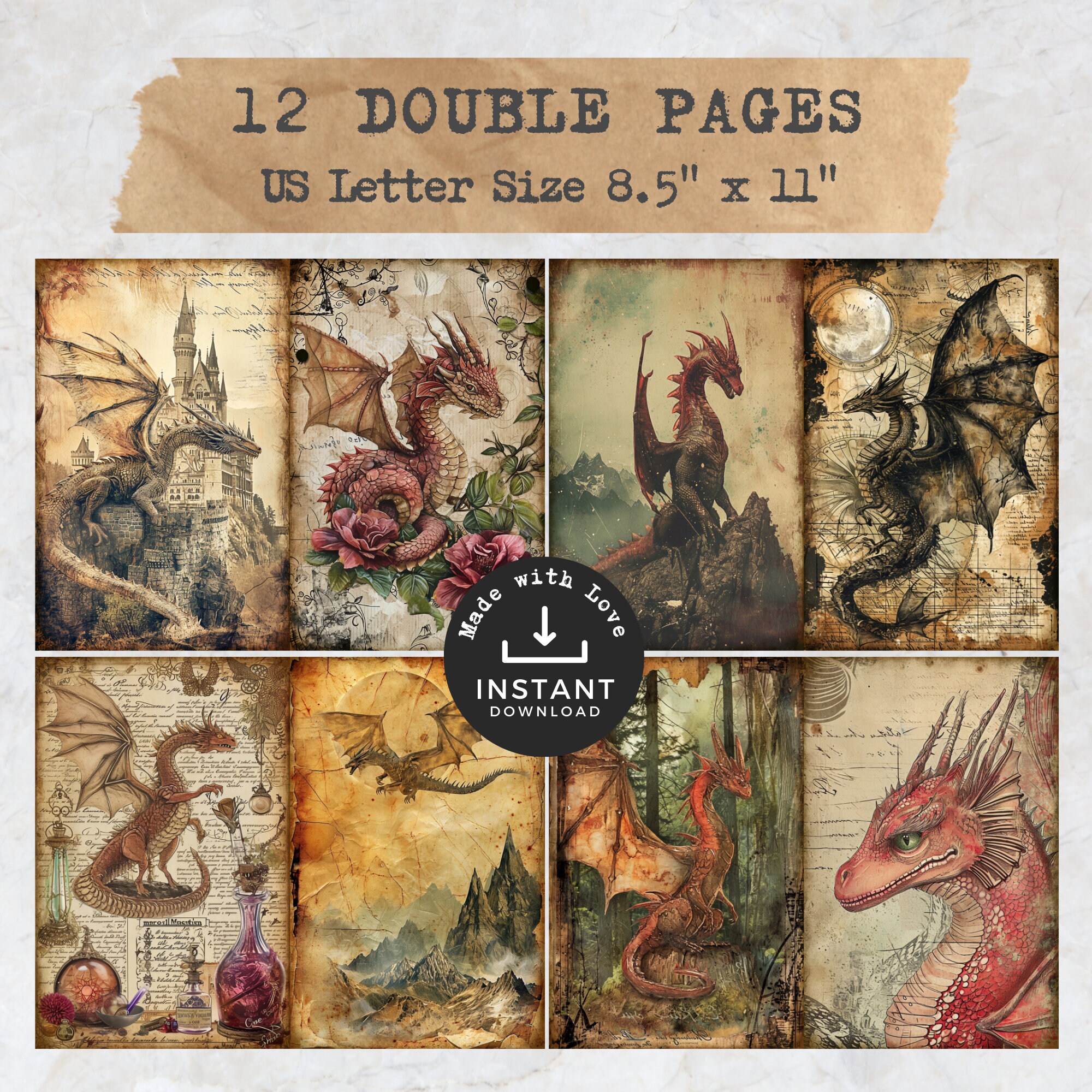 Dragon Junk Journal Printables, Fantasy Magical Ephemera Pages, Digital ...
