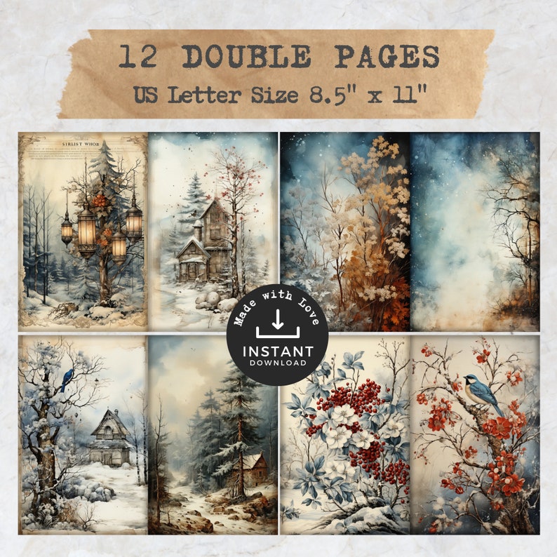 Vintage Winter Junk Journal Kit, Printable Snow Cottages Pages (digital ...
