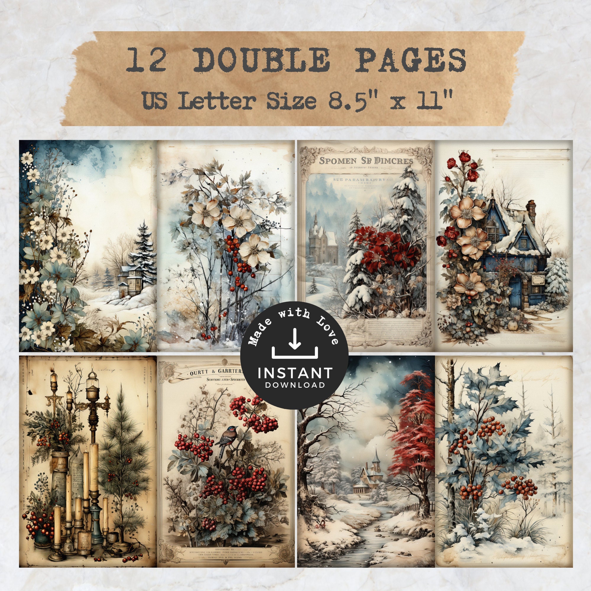 Vintage Winter Junk Journal Kit, Printable Snow Cottages Pages (digital ...