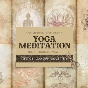 Yoga-meditatie ongewenste dagboekpagina's, Mindfulness Lotus Heilige Geometrie achtergrond, plakboek afdrukbaar, collageblad, digitale download