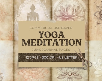 Páginas del diario basura de meditación de yoga, fondo de geometría sagrada del loto de atención plena, papel de álbum de recortes imprimible, hoja de collage, descarga digital