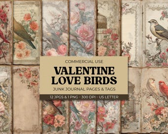 Romantic Birds Junk Journal Kit, Vintage Valentine Printable Pages (Digital Download)