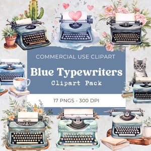 Blue Typewriters Clipart Pack | Retro Typewriters | Writer Clipart | Logo Elements | Digital Download | Commercial Use | 17 Png 300 Dpi