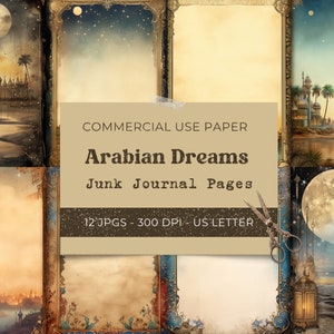 Può includere: Dodici pagine di carta digitale per scrapbooking con un tema delle Mille e una Notte. Le pagine presentano cornici ornate, disegni intricati e un'estetica vintage. Il testo sulle pagine recita "COMMERCIAL USE PAPER Arabian Dreams Junk Journal Pages 12 JPGS - 300 DPI - US LETTER".