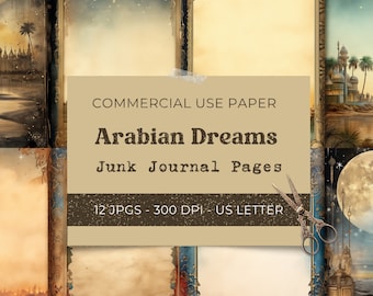 May include: Twelve digital scrapbook paper pages with an Arabian Nights theme. The pages feature ornate frames, intricate designs, and a vintage aesthetic. The text on the pages reads "COMMERCIAL USE PAPER Arabian Dreams Junk Journal Pages 12 JPGS - 300 DPI - US LETTER".