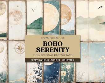 Serenity Junk Journal Printable Pages, Pack of 12 - Boho Digital Scrapbook Kit, Instant Download, Vintage Floral Collage Sheets