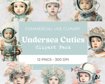 Undersea Watercolor Clipart Pack | Undersea Cute Divers | Digital Download | Instant Download | Free Commercial Use | 12 Png 300 Dpi