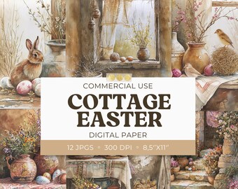 Cute Easter Digital Paper Pack, Cottage Scenes, Watercolor Digital Background Spring Printable Journal Card Scrapbooking, Commercial Use JPG