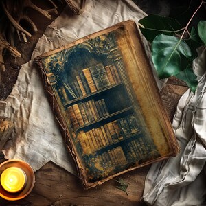 Op de afbeelding: Een vintage boek met een versleten leren kaft toont een afbeelding van een boekenkast vol met antieke boeken. De afbeelding is in sepia tinten en heeft een verweerde uitstraling.